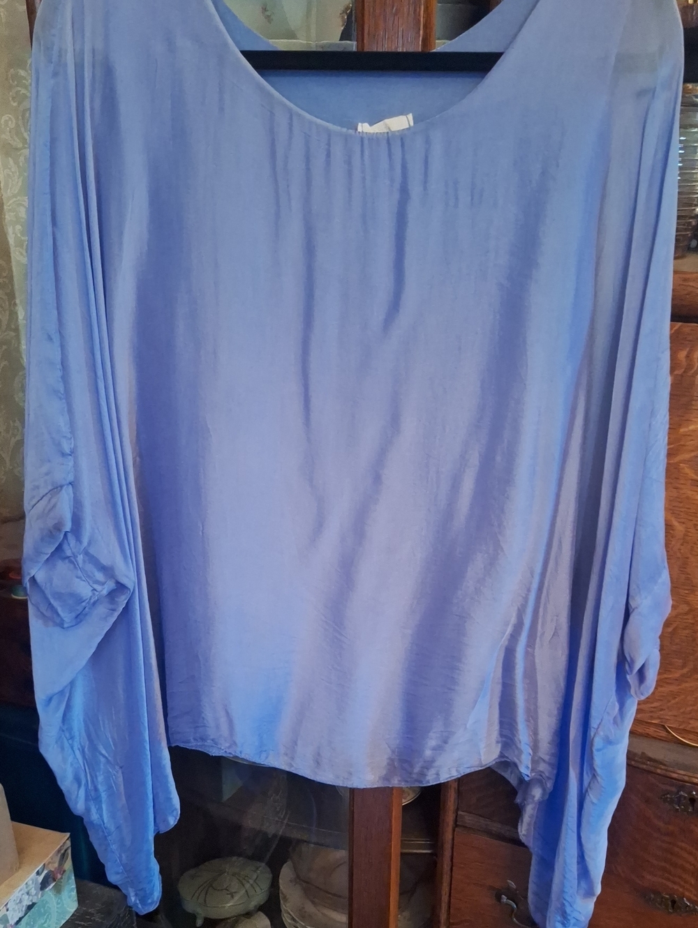 Light Blue Women's Draped Scoop Neck Silk Top